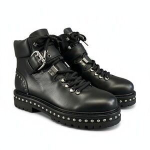 Lola‎ Cruz Lace Up Moto Ankle Boots Black Patend Leather Silver Studs 36 US 5.5